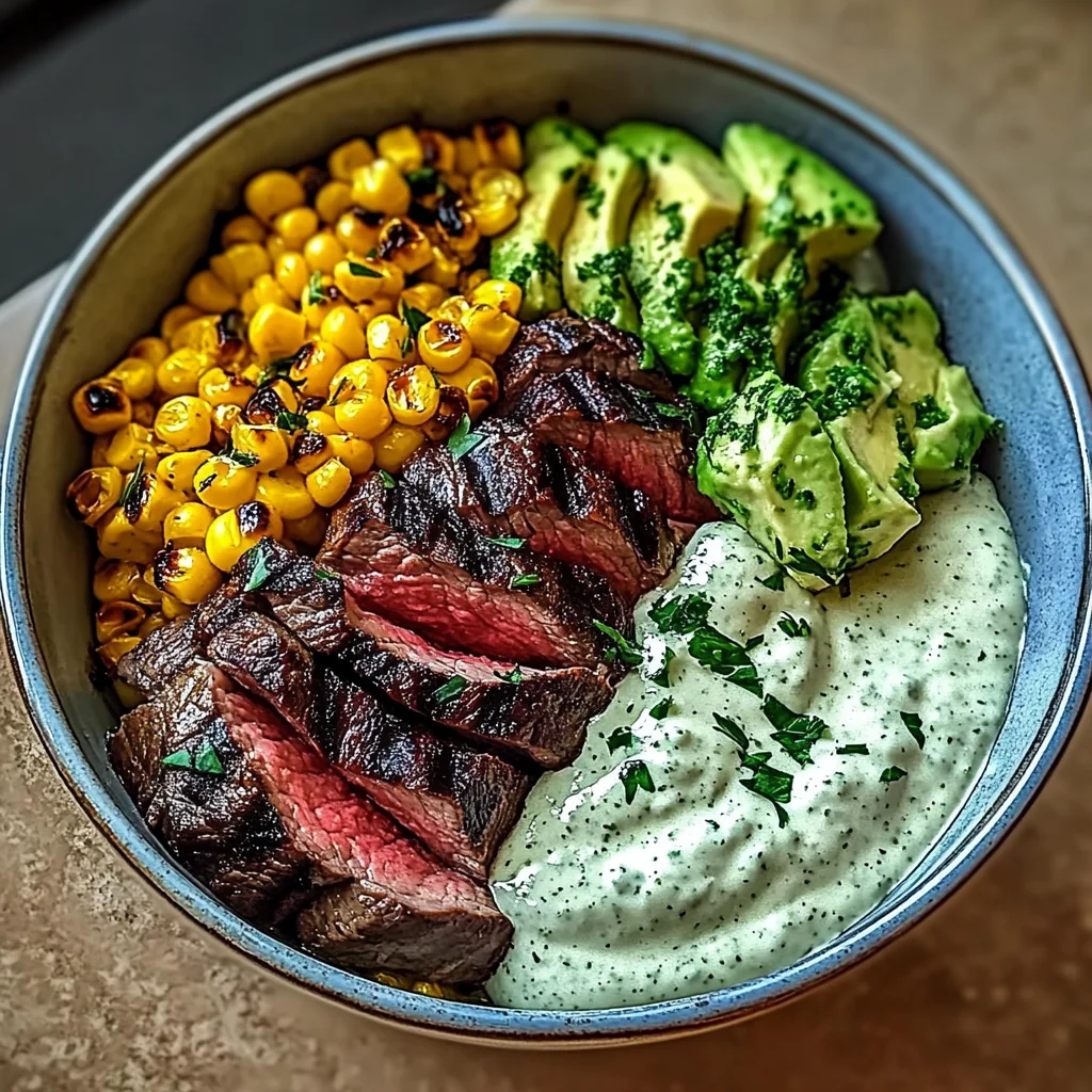 Steak, Avocado, and Roasted Corn Bowl with Cilantro Cream…