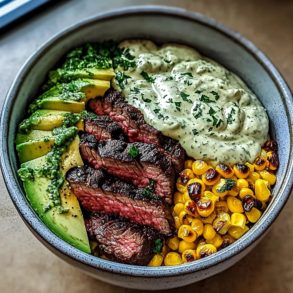 Steak, Avocado, and Roasted Corn Bowl with Cilantro Cream…
