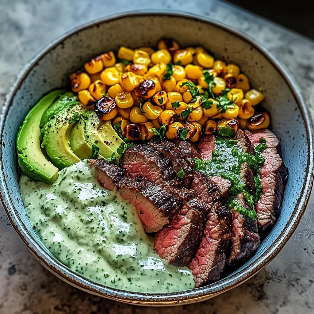 Steak, Avocado, and Roasted Corn Bowl with Cilantro Cream…